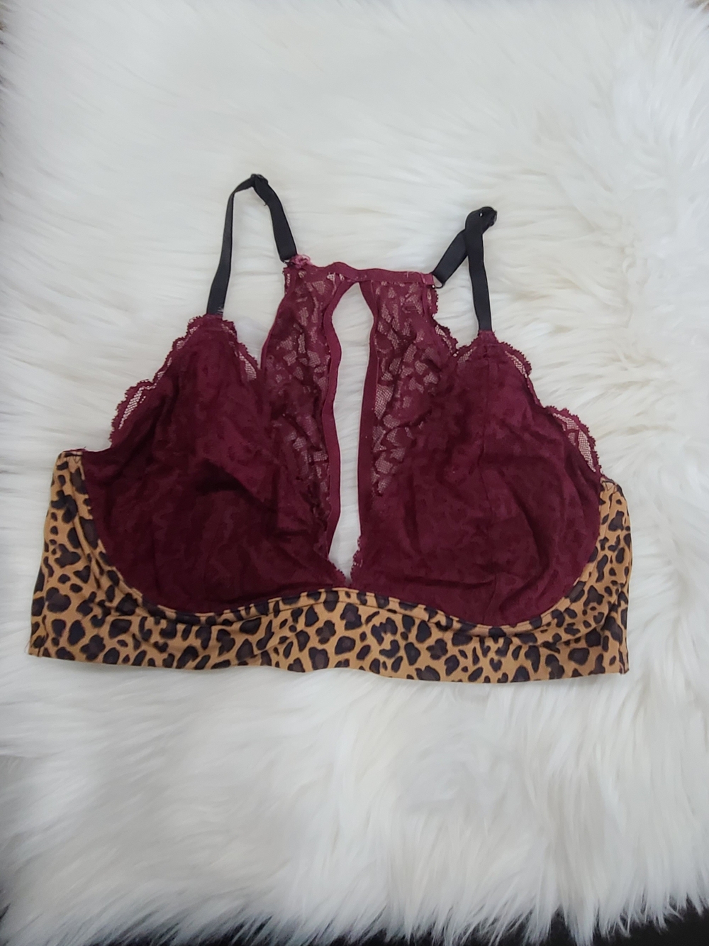 PINK Victoria's Secret Burgundy Lace Bralette with Leopard Band
